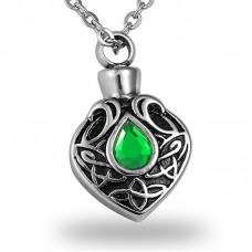 Green Crystal Celtic Knot Teardrop Cremation Urn Necklace Memorial Ash Keepsake Stainless Steel Pendant