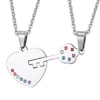 Stainless Steel "Key to Heart" Rainbow Crystal Couple Pendant Necklace for Gay