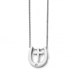 Stainless Steel 18in Polished Cross/Horseshoe w/Crystal Accent Necklace