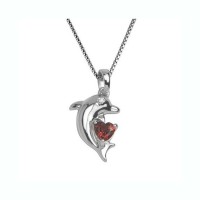 Stainless Steel Dolphin Pendant with Genuine Garnet Heart and Diamond Accent - N581