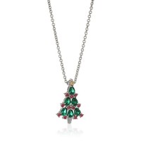 Platinum-Plated Swarovski Zirconia Red and Green Christmas Tree Pendant Necklace