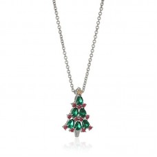 Platinum-Plated Swarovski Zirconia Red and Green Christmas Tree Pendant Necklace