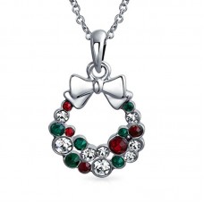 Crystal Christmas Wreath Bow Pendant Necklace 16in Rhodium Plated