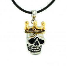 Men's Stainless Steel Skull With Gold Crown Pendant Necklace - N734