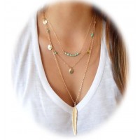 Multilayer Chain Turquoise Beads Necklace with Feather Pendent