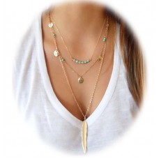 Multilayer Chain Turquoise Beads Necklace with Feather Pendent