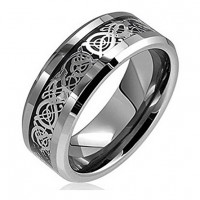 Men's Stainless Steel Ring Silver Celtic Dragon Inlay Comfort Fit Mens Wedding Band