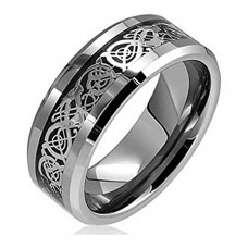 Men's Stainless Steel Ring Silver Celtic Dragon Inlay Comfort Fit Mens Wedding Band