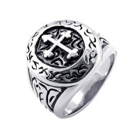 Classic Vintage Cross Mens Ring, Stainless Steel Band, Silver