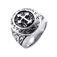 Classic Vintage Cross Mens Ring, Stainless Steel Band, Silver