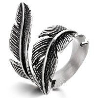 Stainless Steel Rings for Men Women Biker Ring Vintage Feather, Size 7-13