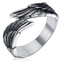 Stainless Steel Men's Women's Feather Angel Wing Cast Black Silver Ring Band Comfort Fit Size 6-14