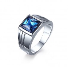 Mens Stainless Steel Blue Square CZ Cubic Zirconia Ring for Wedding Band Engagement Anniversary