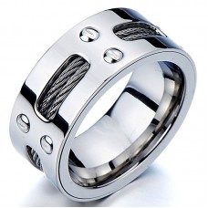 Men’s Stainless Steel Ring Wedding Band with Steel Cables and Screws 10mm