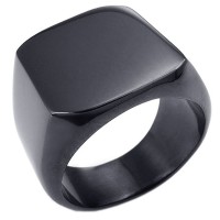 Mens Biker Polished Stainless Steel Ring, Signet, Black