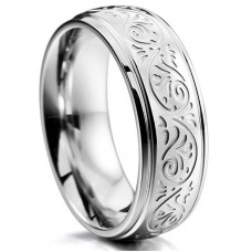 Silver Tone 7mm Stainless Steel Ring Band Engraved Florentine Design