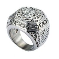 Mens 316L Stainless Steel Signet Ring Rock N' Roll Carved Cross Crown Silver Tone