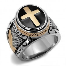 Men's Black & Silver Stainless Steel Christian Holy Cross Ring