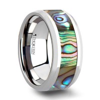 stainless steel Wedding Band ring with Mother of Pearl Inlay