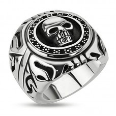 Stainless Steel Skull Shield Wide Cast Biker Ring