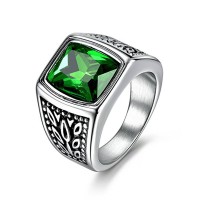 Men's Stainless Steel Wide Identify Ring Green Emerald Color Square Stone