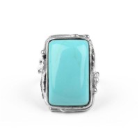 Rectangle Turquoise With Silver Leaves Stainless Steel Ring - R1101