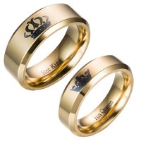 Her King and His Queen Titanium Stainless Steel 14K Gold Plated Promise Wedding Band Ring Set Anniversary Engagement