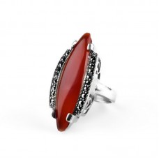 Fashion Fancy Carnelian & Marcasite Stainless Steel Ring