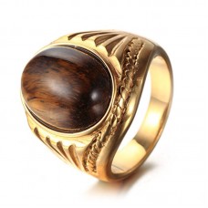 Men's Stainless Steel Oval Tiger Eyes Gemstone Ring