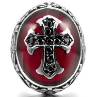  CZ Silver Tone Black Red Cross Men's Stainless Steel Ring