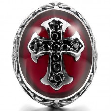  CZ Silver Tone Black Red Cross Men's Stainless Steel Ring