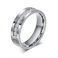 6mm Titanium Steel Carbide Ring with Brilliant CZ Diamonds Mens Wedding Band 