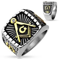 Freemasons Masonic IP Gold and Burnished Square Face Stainless Steel Casting Ring