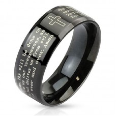 Lord's Prayer Black Beveled Edge IP Stainless Steel Ring with Cross