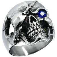  Men's Band Silver Skull Blue Eye Cubic zirconia Stainless Steel Ring 