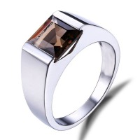  Men's Square Natural Smoky Quartz stainless steel ring