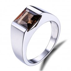  Men's Square Natural Smoky Quartz stainless steel ring